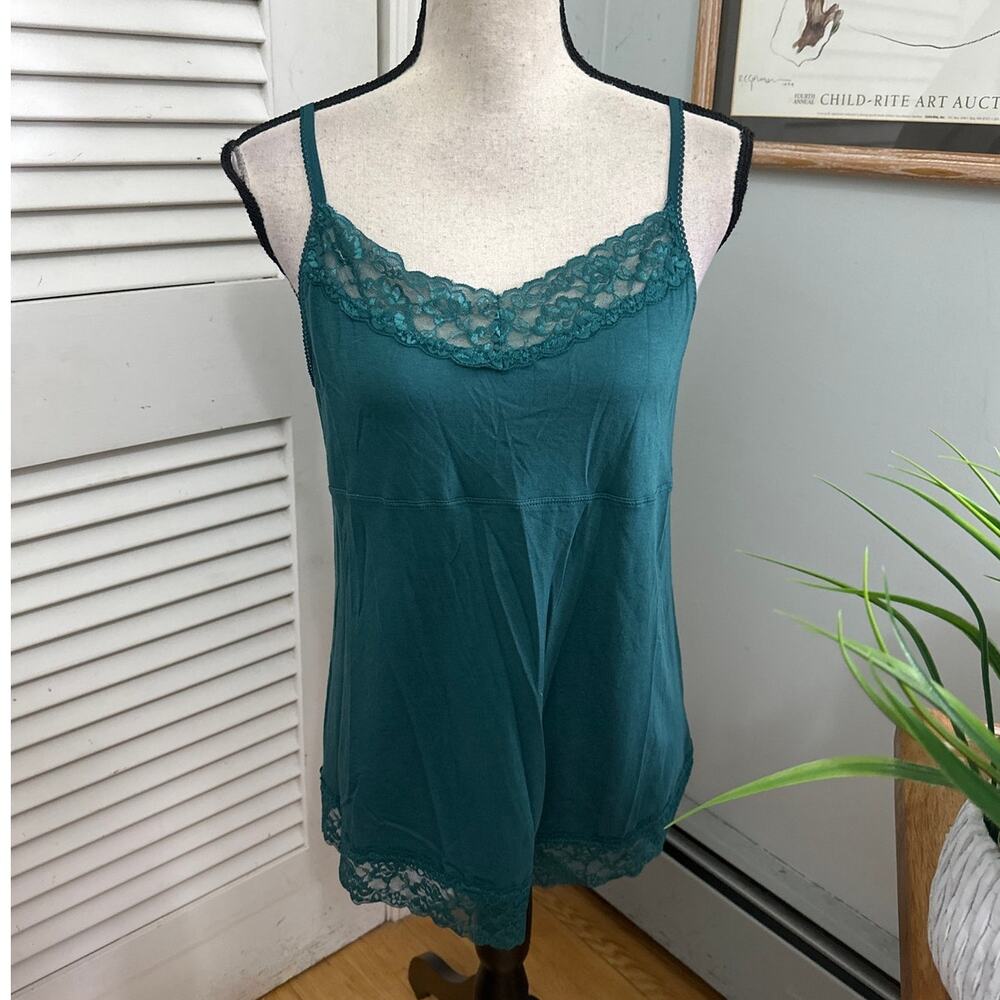 Vintage Elle Top Womens Large Teal Blue Must Have Cami Lace Trim Y2K Coquette